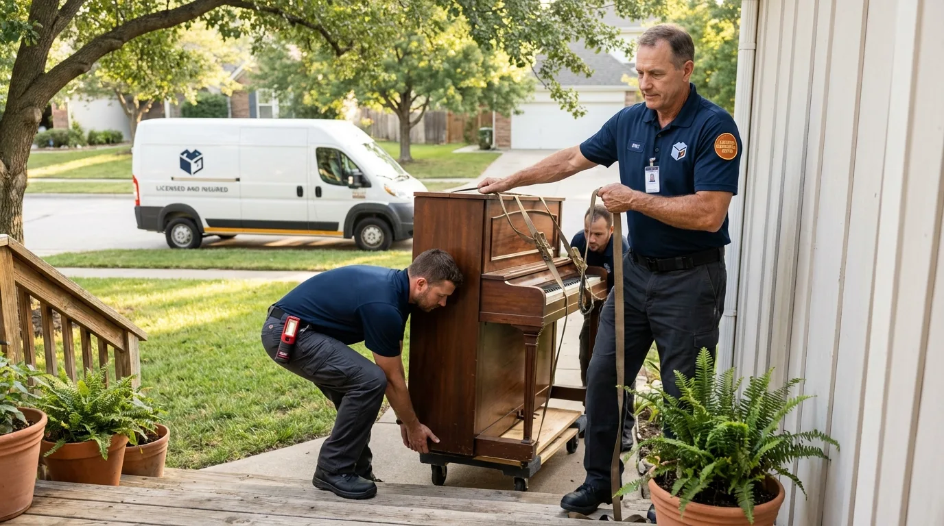 Licensed piano movers securing grand piano in Belleville, MI