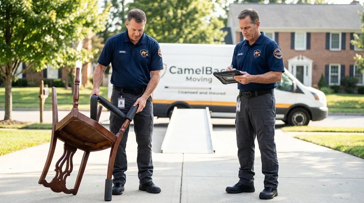 Movers inspecting furniture for damage prevention before loading in Belleville, MI