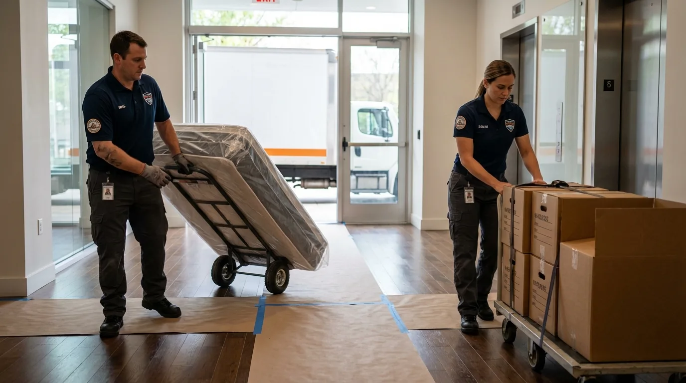 Professional apartment movers loading elevator in Belleville, MI
